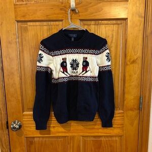 Polo by Ralph Lauren Navy Crewneck Sweater with Cream Fair Isle Ski Bear